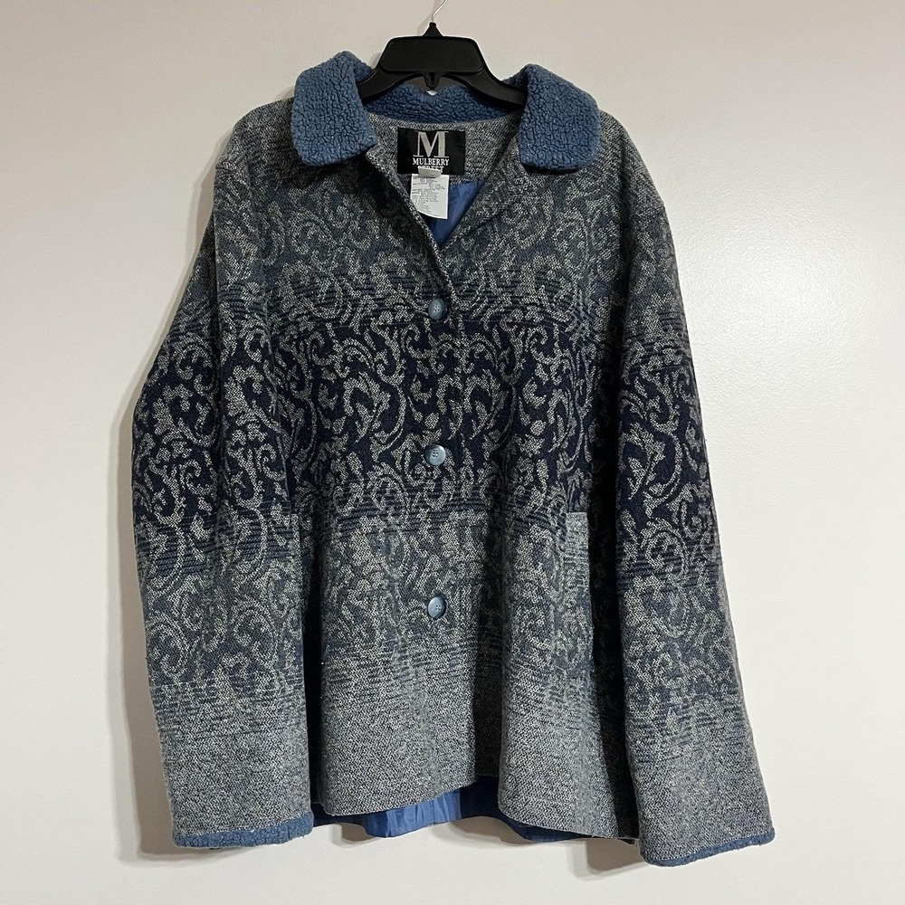 Vintage Mulberry Street‎ Wool Coat Jacket Womens XL Blue Tapestry Button Pockets